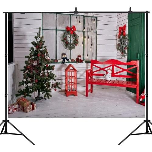 Lyavshi Photography Backdrops Christmas decorations Red benches Gift Snowman Wooden floor Backgrounds Photocall Photo Studio