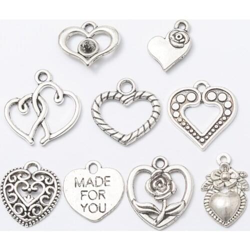 Mix 18pcs/lot 9types silver plated love heart charms heart Pendants for Jewelry Making Crafts Handmade DIY Necklace 20-13mm