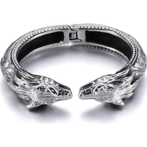 Stainless Steel Wolf Head Opening Bangle Punk Mens Jewelry