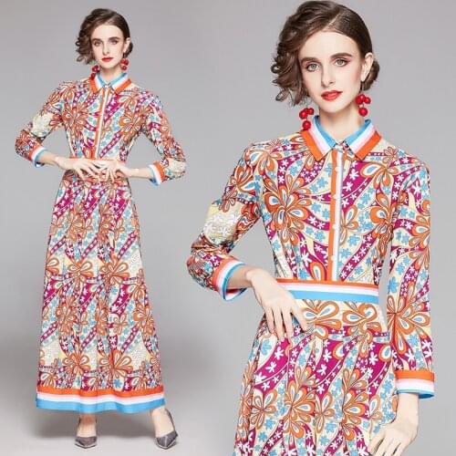 Orange Floral Printed Women Maxi Dress Tunic Slim Party Dress Vestido Feminino Bandage Dress Elegant Fashion England Style Dress