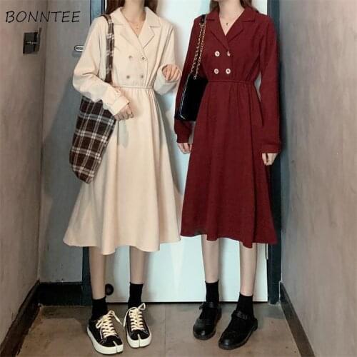 Dresses Women Long Sleeve Spring Female Pure Collar Casual Korean Style Notched All-match Simple Button Knee-length Mujer Daily