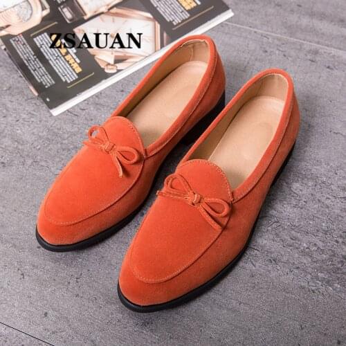 ZSAUAN Green Semi-formal Faux Suede British Men Dress Loafers Knot Pointy Men Flats Elegant Wedding Party Shoes 38-47 Size