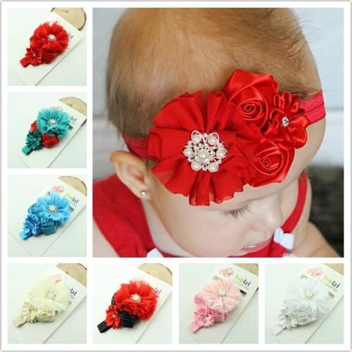 Baby Headband Ribbon Handmade Toddler Infant Kids Hair Accessories Girl Newborn Pearl flower floral crystal Turban rose bandage