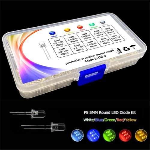 Transparent Cover 5 colour F5+F3 mm LED kit box Red Yellow Blue Green White Light Emitting Diode 5mm & 3mm mix color Assortment