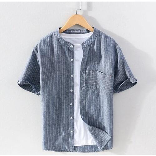 Cotton Linen Striped Short Sleeve Shirt for Men Summer New Casual Tops Male Stand Collar Button Up Shirt Clothes