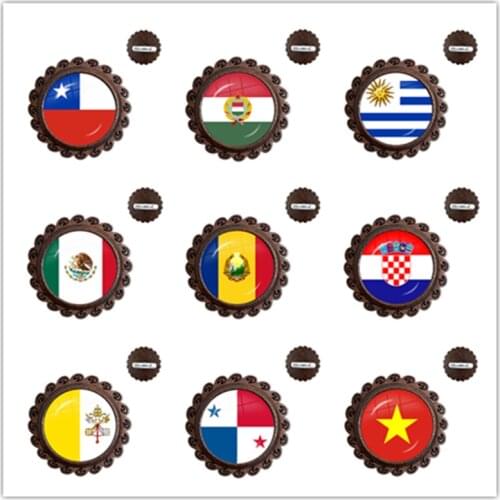 Chile Hungary Uruguay Mexico Romania Croatia Vatican Panama Vietnam National Flag Wood 20mm Glass Cabochon Brooches Collar Pins