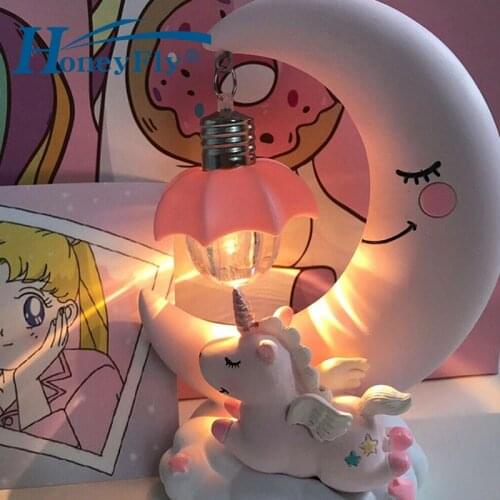 HoneyFly LED Unicorn Night Light Moon Resin Night Lamp Cartoon Luminaria Light Nightlight Bedroom Kids Birthday Gift