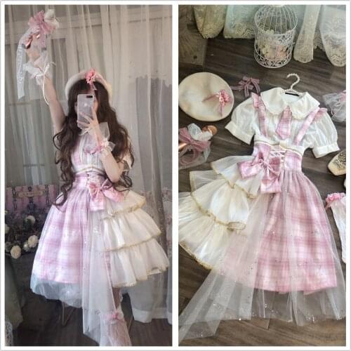 Sakura Love Idol Theme Pink Plaids Patchwork Cute Girl Suspender Skirt Jumper Overall Skirt with Necktie Lolita Women