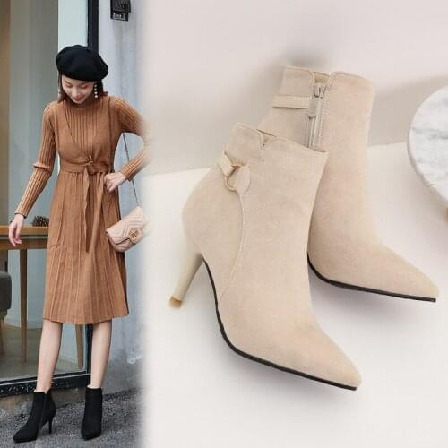 Pointed Toe Square Heel Women Boots Fashion Buckle Ankle Boots Women Shoes Zipper Cheap High Heel Boots Shoes Woman Large Size