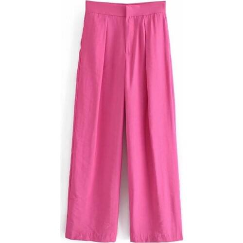 TRAF Women 2021 Fashion Solid Color Casual Loose Wide Leg Pants Vintage Side Pockets Female Trousers Streetwear