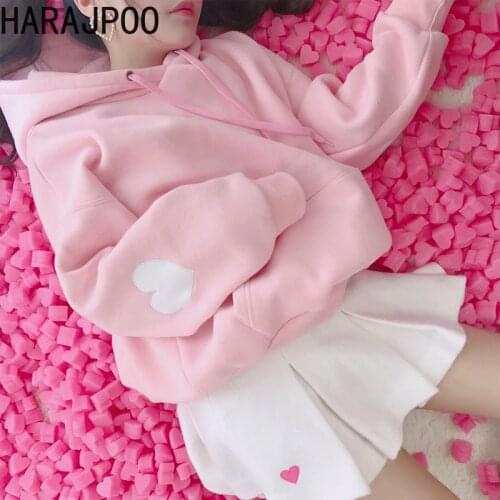 Harajpoo Women Sweatshirts Japanese Sweet Pink Student Embroidery Love Spring Autumn Hoodie Sweet Girls Kawaii Y2k Clothes Tide