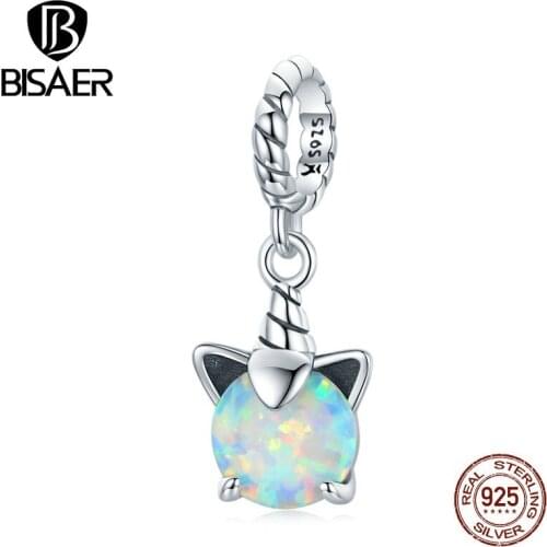 BISAER 925 Sterling Silver Opal Pony Unicorn Charms Pendant Fit Women Girl Bracelets Cute Fashion Jewelry Making Gift EFC474