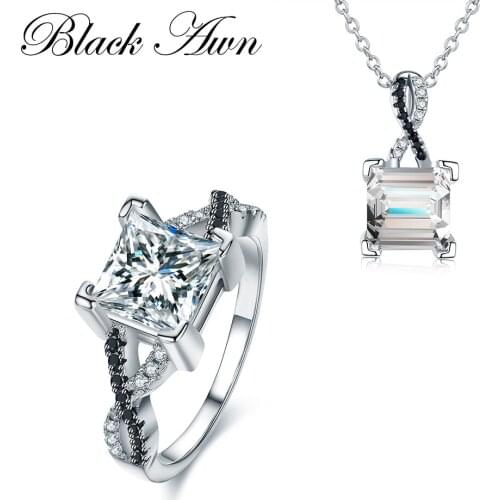 [BLACK AWN] 925 Sterling Silver Fine Jewelry Sets Trendy Engagement Jewelry Sets Ring+Necklace for Women PR026