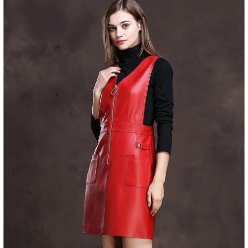 2020 Spring Women Black Red Sheepskin Genuine Leather Straps Dresses Sleeveless A Line Mini Sundress Zipper Rock Party Vestidos