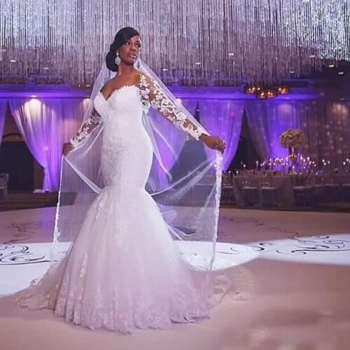 African Mermaid Wedding Dress 2021 Vintage Long Sleeve White/Ivory Lace Elegant Formal Wedding Gown Bride Dress vestido de noiva