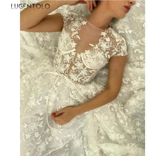 Party Dress Women Slim Short Sleeve Lace Mesh Sexy Dresses Ladies O-neck White Lace Empire Big Swing Long Dress Lugentolo