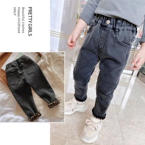 Chidlrens Winter Trousers 2-9 Y Baby Girl Velvet Jeans Fashion Leopard Elasticity Thicken Denim Pants For Girl Kids Warm Pants