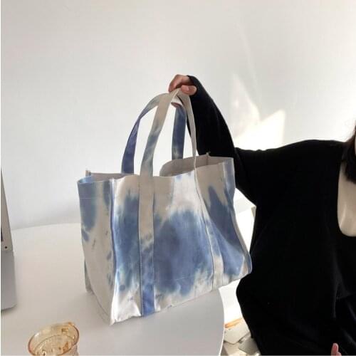 2021 New Arrival Blue Tie Dye Canvas Tote Handbag High Quality Women Fashion Large Capacity Thick Durable Cotton Shopping Bag