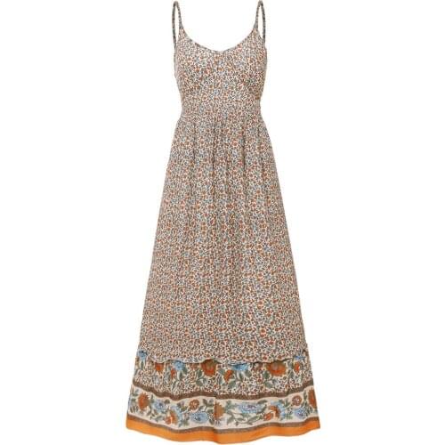 2021 New Women Long Maxi Dress Fashion Spaghetti Strap Floral Print Beach Dresses V-neck Ruffles Party Dress Vestidos Femme