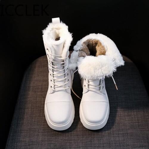 Women Snow Boots Beige Plush Warm Fur Causal Boots Shoes Sneakers Ankle Booties Platform Thick Sole Lace Up Winter Shoes