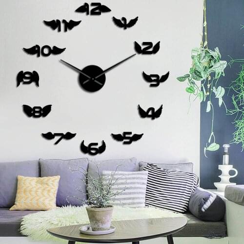 DIY Decorative Angel Digital Wings Acrylic EVA Mirror Wall Clock European Style Living Room Oversized Wall Clock