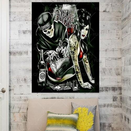 Skull Tattoo Artist Posters Tapestry HD Wallpapers Home Decoration Vintage Sexy Girl canvas painting for living room for morden
