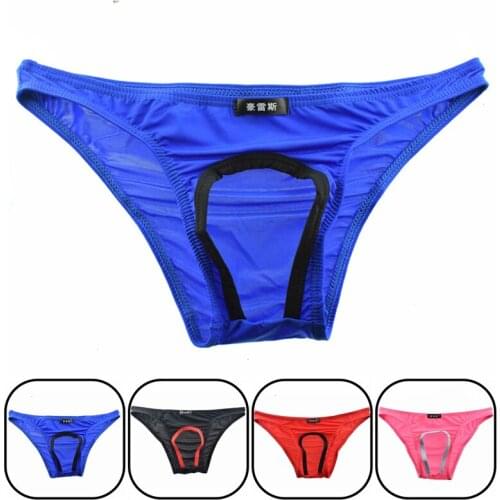 U Convex Pouch Erotic Lingerie Gay Wear Sexy Men Ice Silk Open Pouch Briefs G-Strings Smooth Breathable Low Rise Underwear