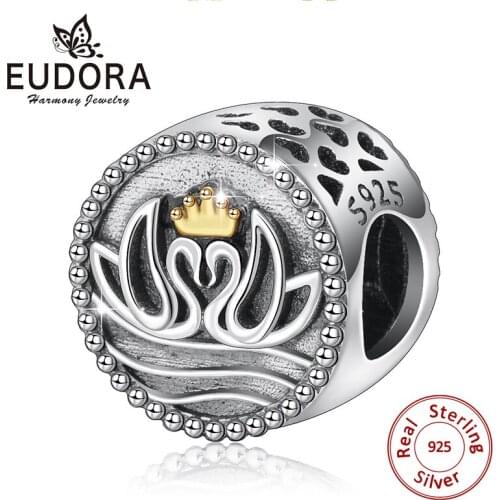 Eudora 925 Sterling Silver Swan couple elegant beads with Crown round Beads Fit Original Bracelet Charms Jewelry making Z113