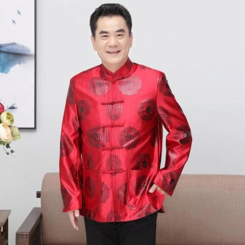 Elder Red Clothing Birthday Gift Men Tang Suit Chinese Traditional Autumn Thick Coat Jacket Winter Parka Chinese New Year Gift