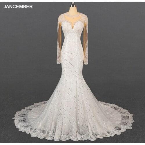 LSDZ46 JANCEMBER White Long Sleeve Fishtail Bridal Wedding Dress 2021 Elegant Slim Back Beading Design Party Gown