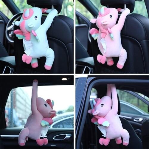 Cartoon Unicorn Car Backseat Hanging Tissue Bag Box Plush Door Handrail Paper Towel Case Holder Auto Toys Interior Decoration