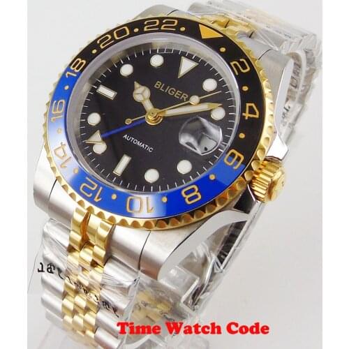BLIGER Design Mens Watch Automatic Mechanical Black dial GMT Stainless jubilee Strap Sapphire Ceramic Polychromatic bezel