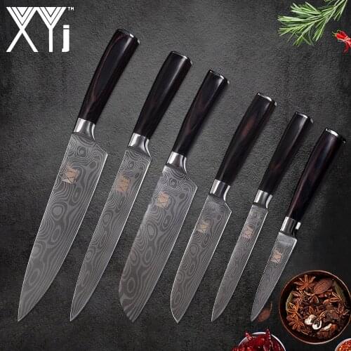 XYj Stainless Steel Kitchen Knife Set Damascus Veins Pattern Blade Knife Chef Slicing Santoku Utility Paring Knife Storage Box
