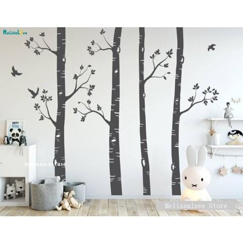 Four Birch Trees Wall Sticker Nursery Decals With Birds Lively Art Custom Color Decals Home Decor Self-adhesive Poster YT3492