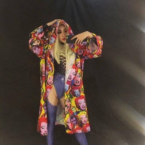 New Fashion Colorful Face Printed Long Coat Women Party Hiphop Dance Performance Outfit Costume Person Pattern Multicolor Trench