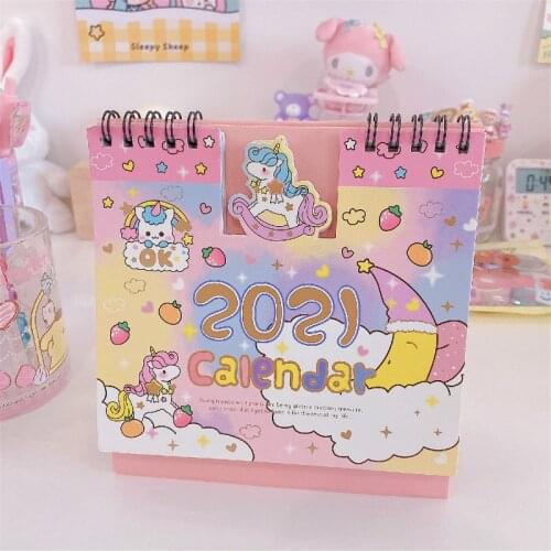 Cartoon 2021New Lovely Unicorn and Cat Desktop Calendar Cartoon Animal Calendars Double Schedule Planner Agenda Organizer