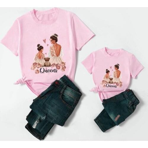 Matching Family Outfits Mother & Daughter Print Pink T-shirt Fashion Family Look Clothes Kids Tops Summer Girls & Woman Tshirt