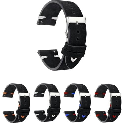 Suede Leather Watch Strap Watchband 18mm 20mm 22mm Suede Watch Band Handmade Stitch Belt Silver Pin Buckle Watchband #C