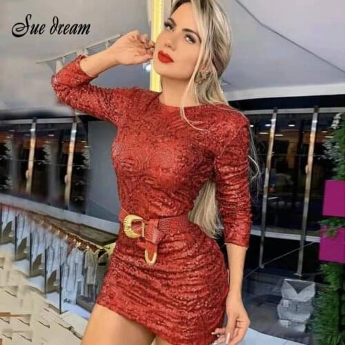 Sexy O-neck Long Sleeve Red Sequined Shiny Mini Bandage Dress Elegant Bodycon Mini Evening Party Dress vestido