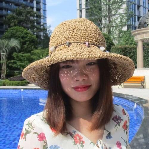 Summer New Hand Crochet Straw Hat Womens Sun Hat Folding Outdoor Sun Visor Shell Chain Beach Hat Panama Sunhat Girls Hat