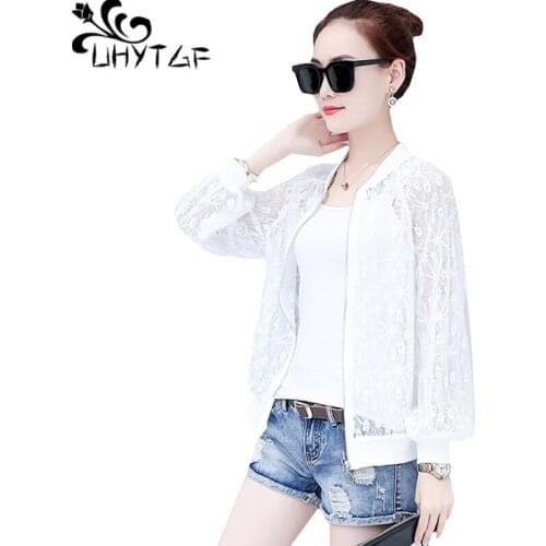 UHYTGF Oversized summer coat fashion breathable lace thin Sun protection clothing Elegant women short coat 3XL Plus size tops 69