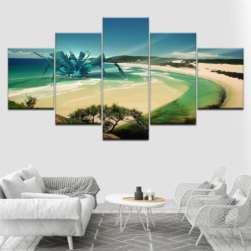 Wall Art Canvas Painting 5 Panel Beautiful Beach With Blue Sea Modern Home Artwork Wall Pictures for Living Room Decoration