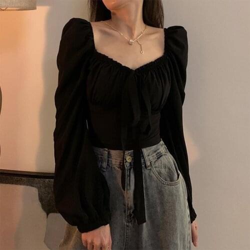 Bubble Sleeve T-shirt Women Tshirt V-neck Top 2021 Autumn Winter Clavicle Waist Closed Short Long Sleeve Vogue Sexy T Shirt