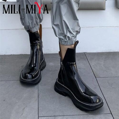 MILI-MIYA Women Ankle Boots Cow Patent Leather Waterproof Round Toe Rubber Outsole Zipper Comfortable By Handmade Size 34-40