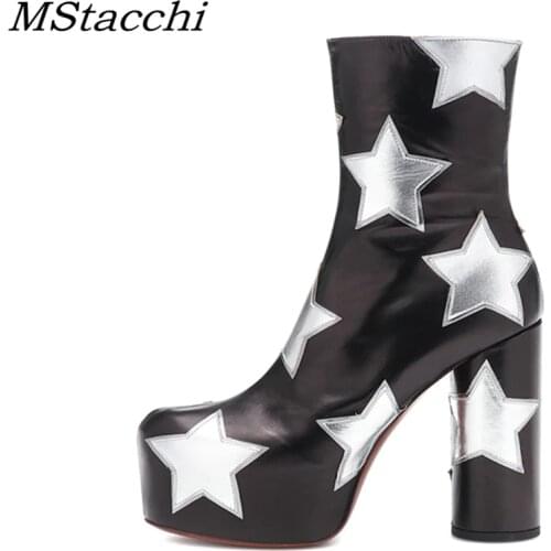 MStacchi Platform Ankle Boots For Women Luxury Print Star Really Leather High Heels Shoes Woman Round Heels Botines Mujer 2020