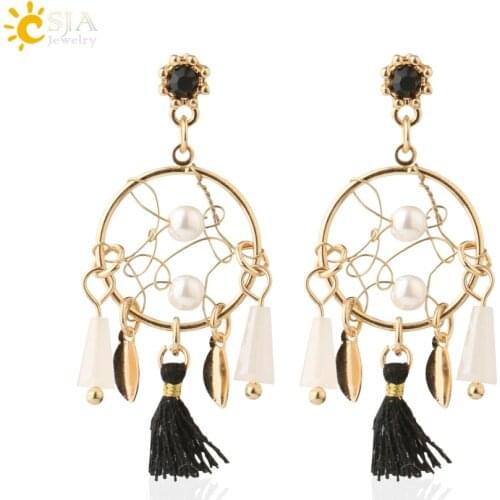 CSJA Gold Color Dream Catcher Stud Earrings for Women Summer Earring Crystal Bead 2020 Korean Fashion Statement Back Tassel S704