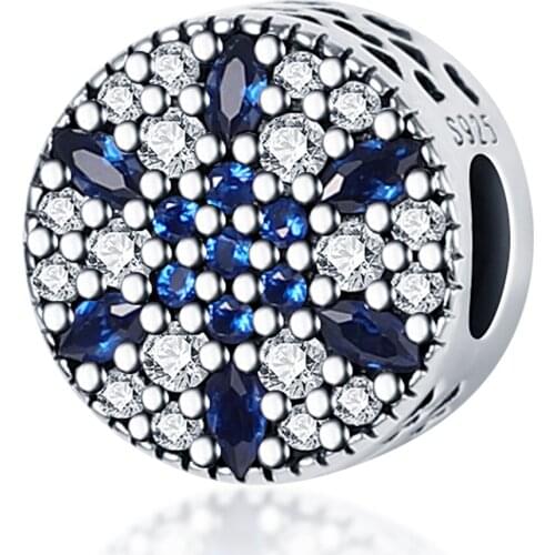 New 100% 925 Sterling Silver Blue Zircon Snowflake Round Charms Woman Fashion DIY Jewelry Fit Pandora Original Bracelet Bangle