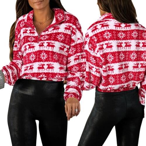 Women Christmas Print Sweatshirt Long Sleeve Turtleneck Zipper Plush Pullover Loose Top Autumn Winter Ladies Loose Sweatshirts