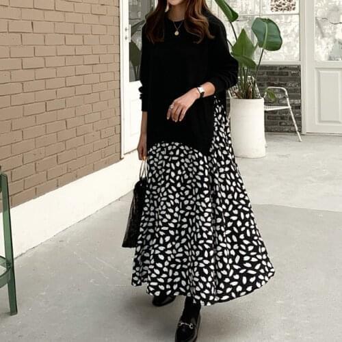 2021 Spring Women Plus Size XL-5XL Ladies Long Sleeve T-Shirt Dress Patchwork Print Robe Fake Two Piece Dress