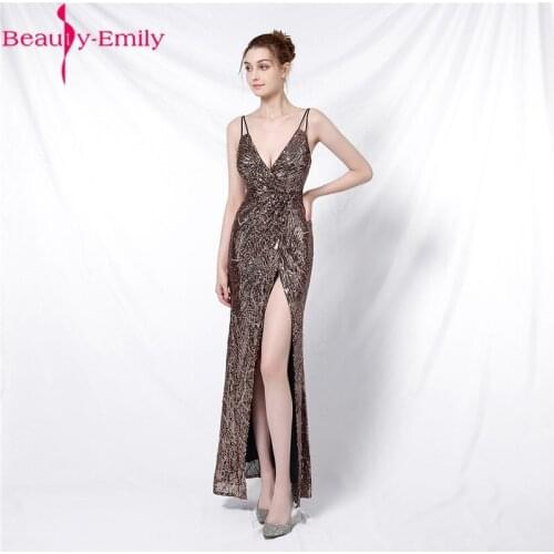 Beauty Emily Sexy Spaghetti Strap V Neck Evening Dress 2020 Luxurious Sequined Sleeveless Mermid Prom Dresses with High Split